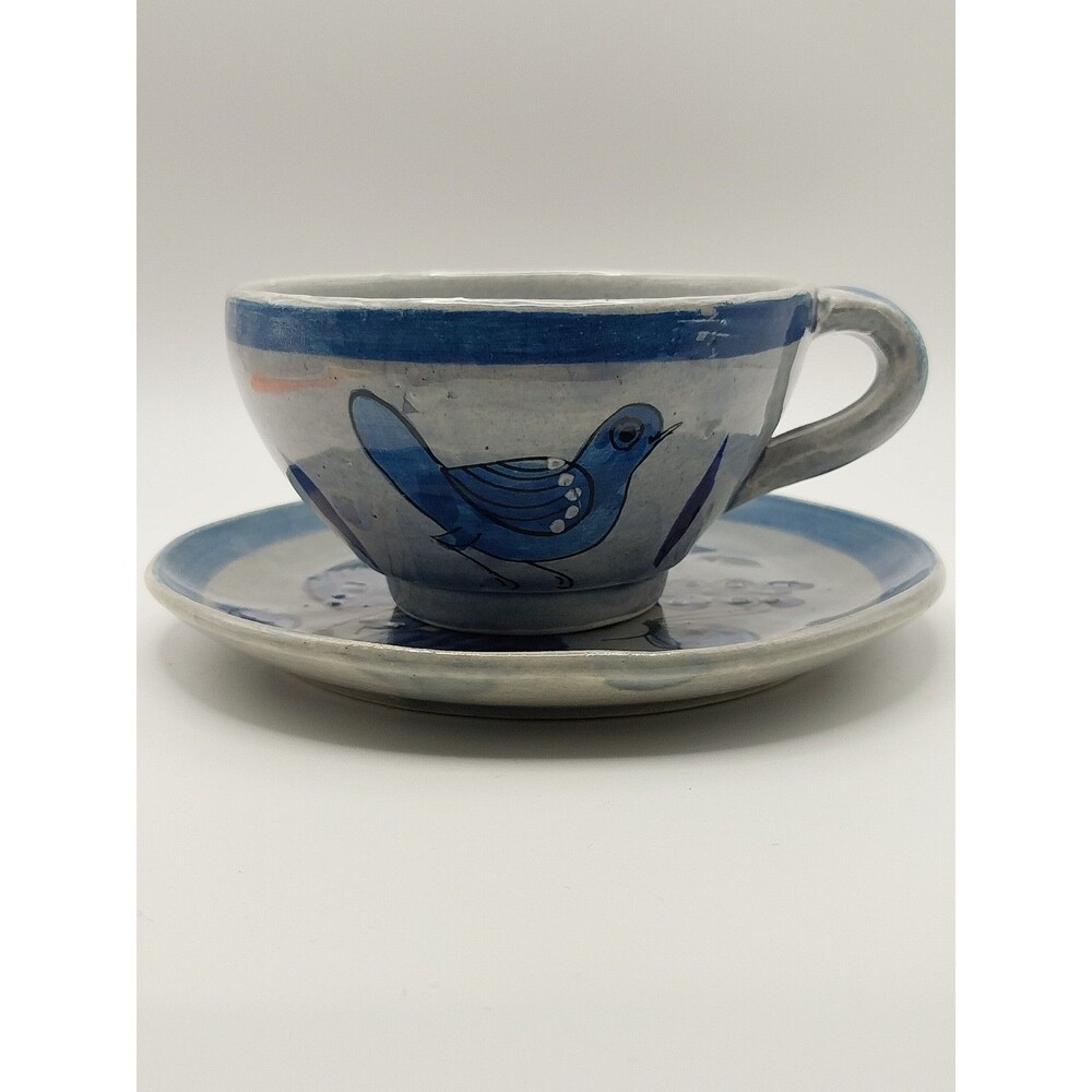 Vtg Tonala Mexico Pottery Cup Saucer Set Signed Ken Edwards Butterfly Mark Rare